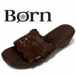 Born Woven Leather Mules Rich Brown Slip-On Slides Comfort Wedge Size 9
